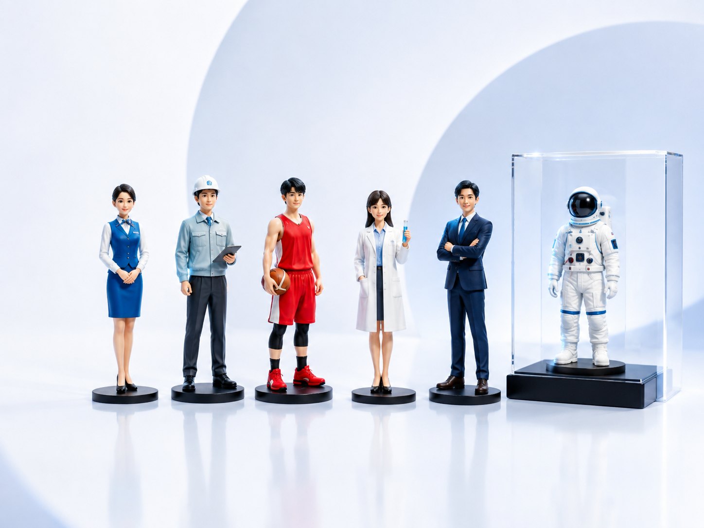 制服・作業服など職業別のフィギュアが並んだ様子