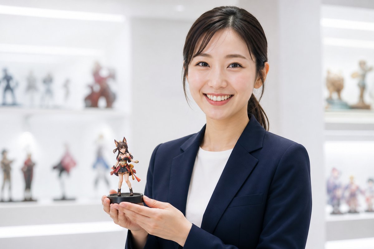完成したフルカラーフィギュアを手に持つ女性スタッフ