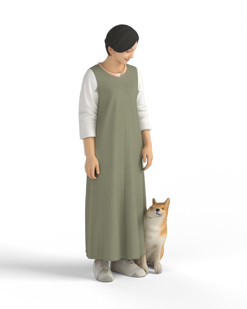 犬を連れて立つ女性