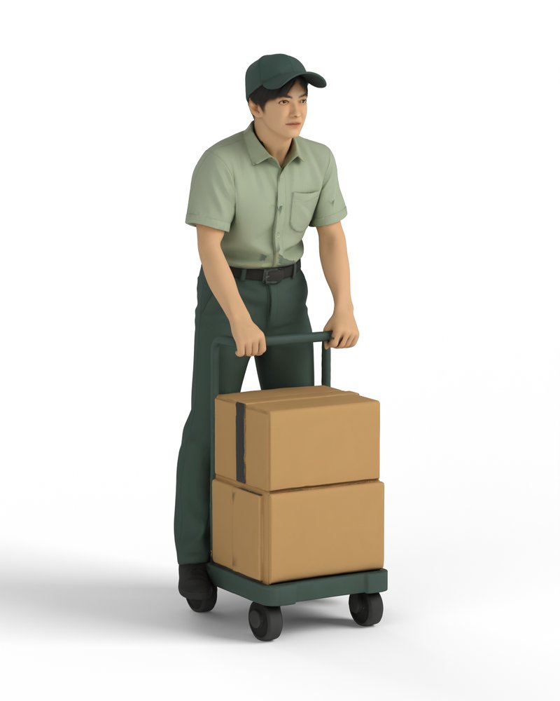 台車で荷物を運ぶ係員
