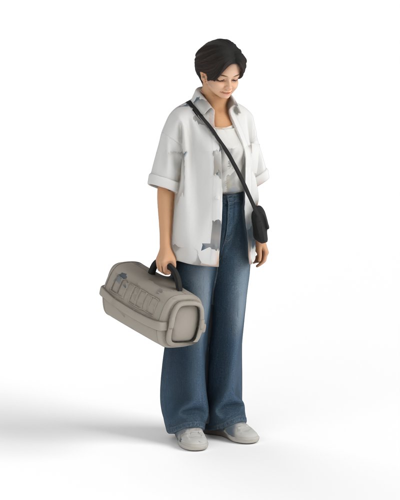 ペットのキャリーを提げる女性