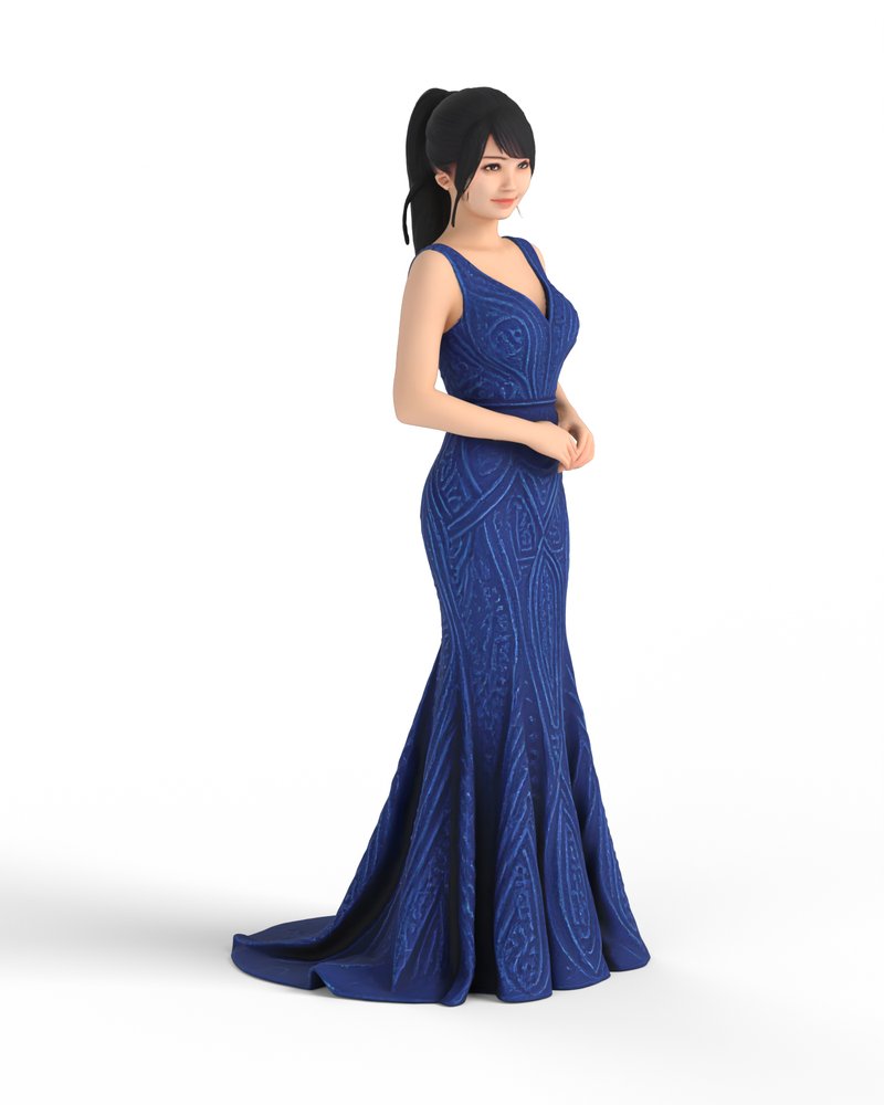 青いマーメイドドレスの女性