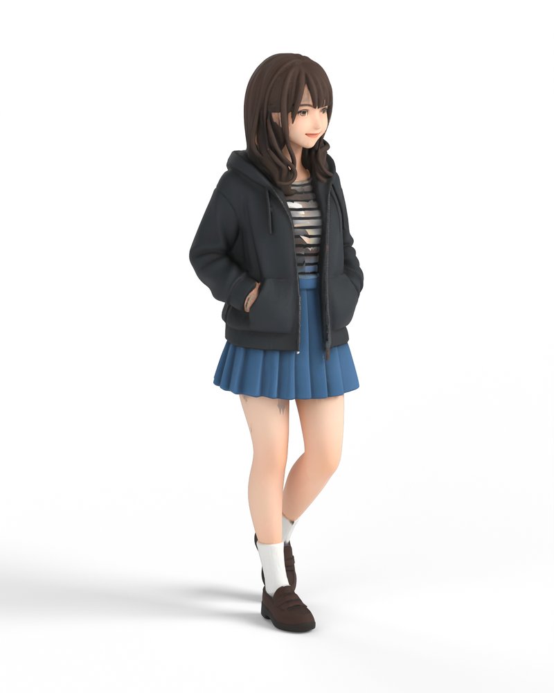 パーカーとデニムスカートの女の子