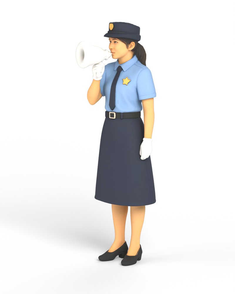 拡声器で呼びかける女性警察官