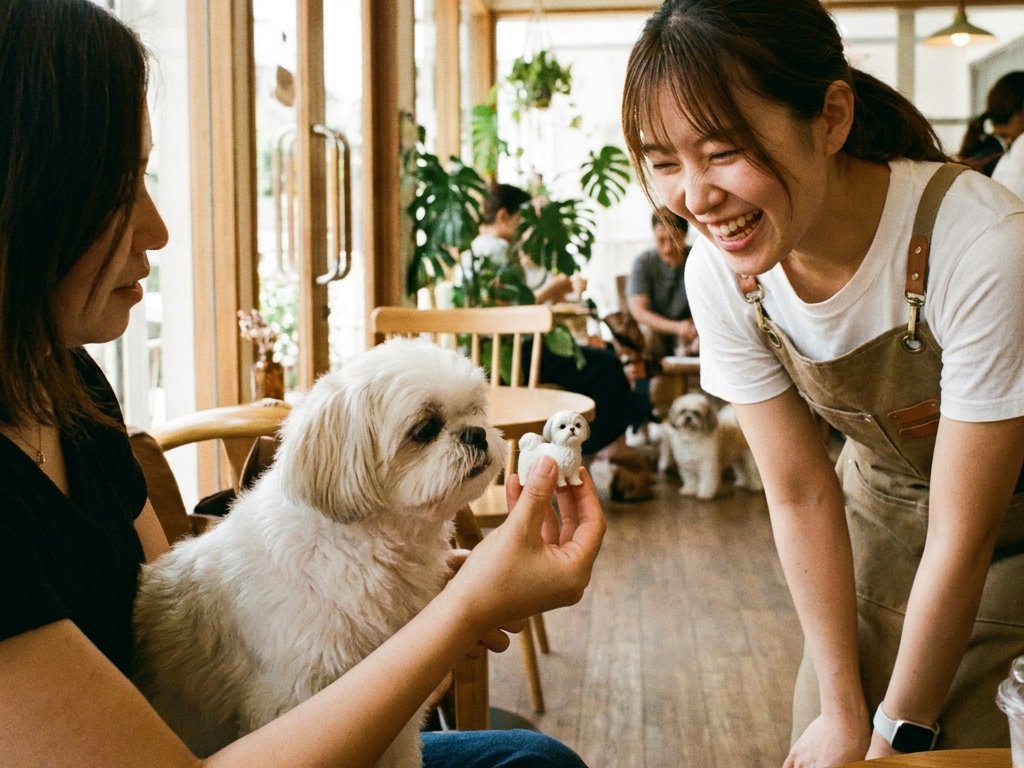ドッグカフェでフィギュアを囲む店員と飼い主
