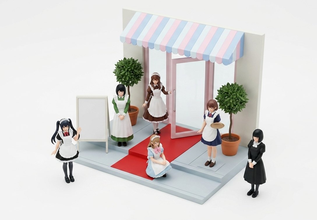メイド喫茶の店先を再現したジオラマ。しま模様のひさしの下にメイド服の女の子たちが並ぶ