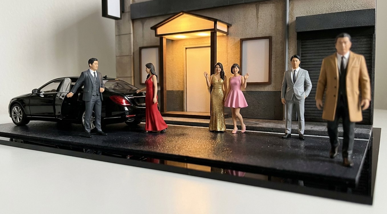 夜の街の店の入口を再現したジオラマ。黒い車とドレスの女性たち