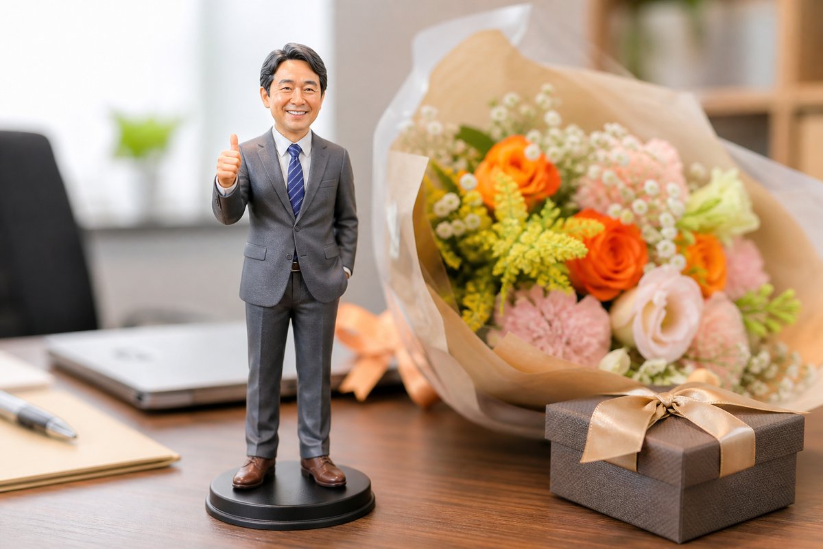 花束と贈り物の隣に置かれたスーツ姿の男性のフィギュア