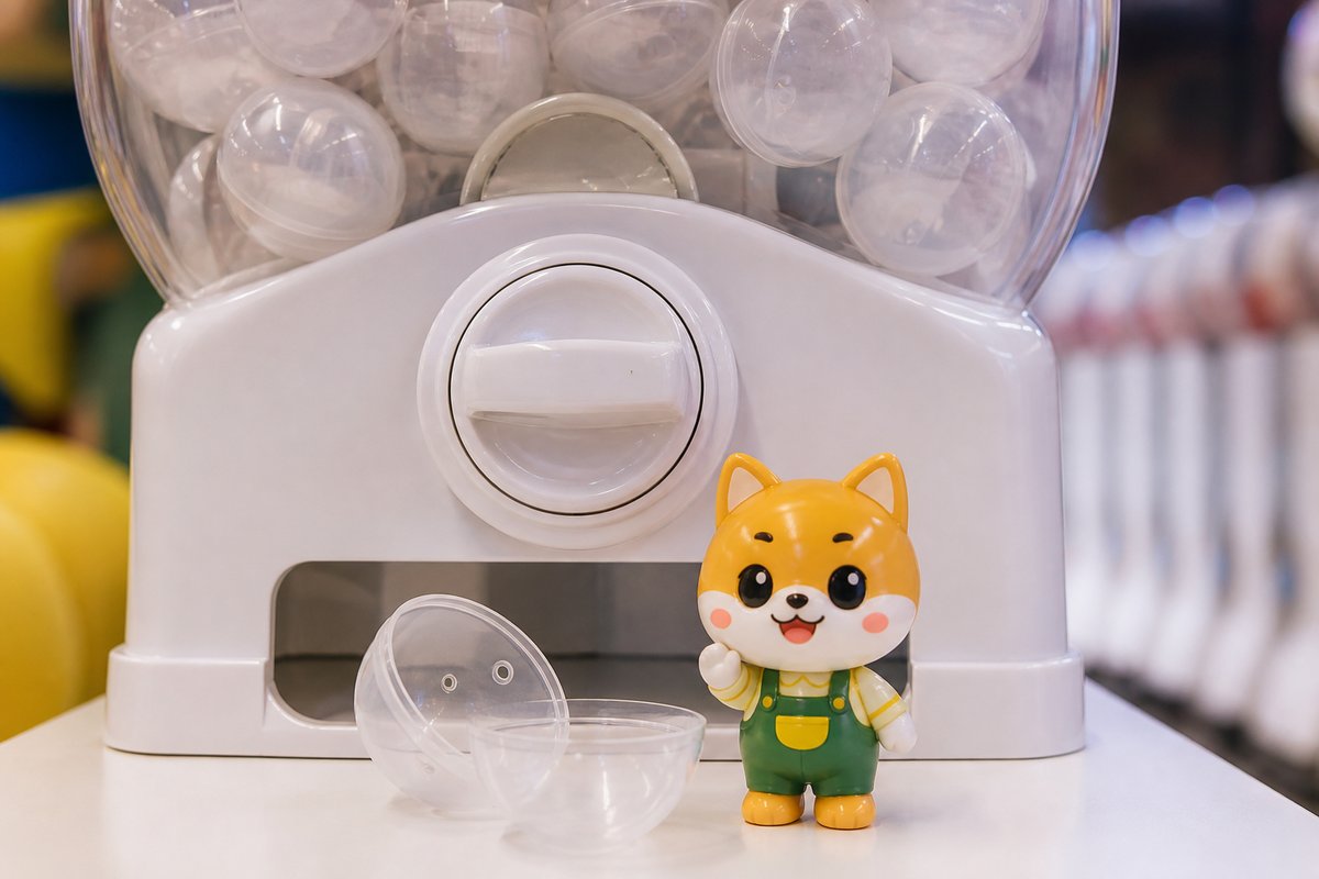 カプセルトイの機械と、カプセルから出したマスコットのフィギュア