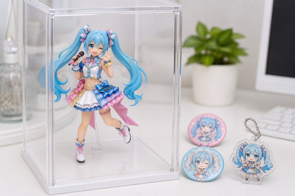 アクリルケースに飾られたアニメキャラクターのフィギュアとグッズ
