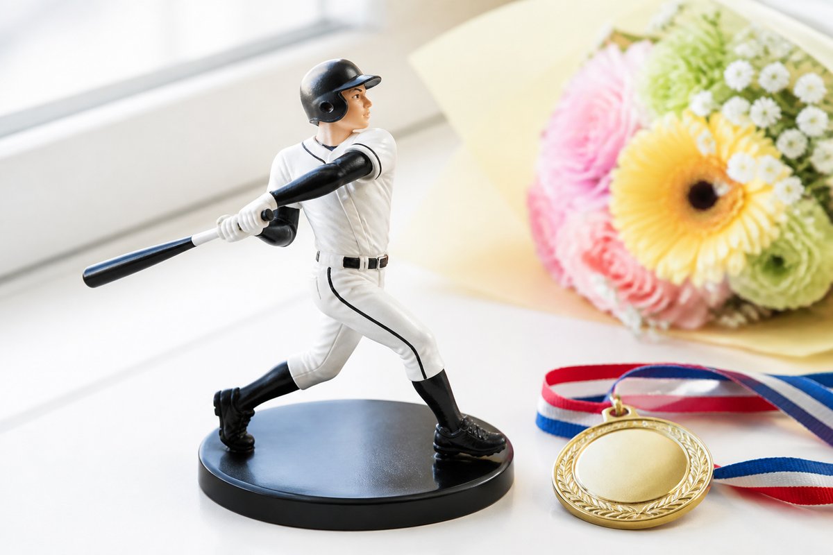 金メダルと花束の隣に置かれた野球選手のフィギュア