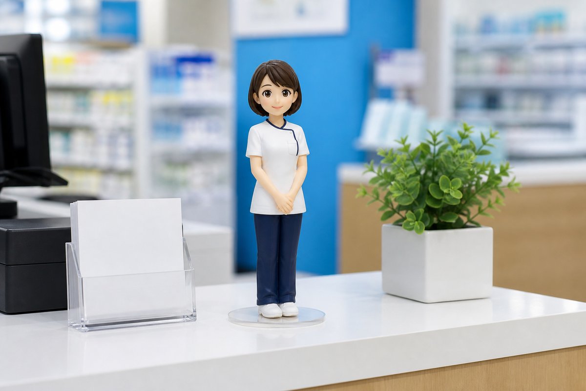 お店のカウンターに置かれたスタッフ姿のフィギュア