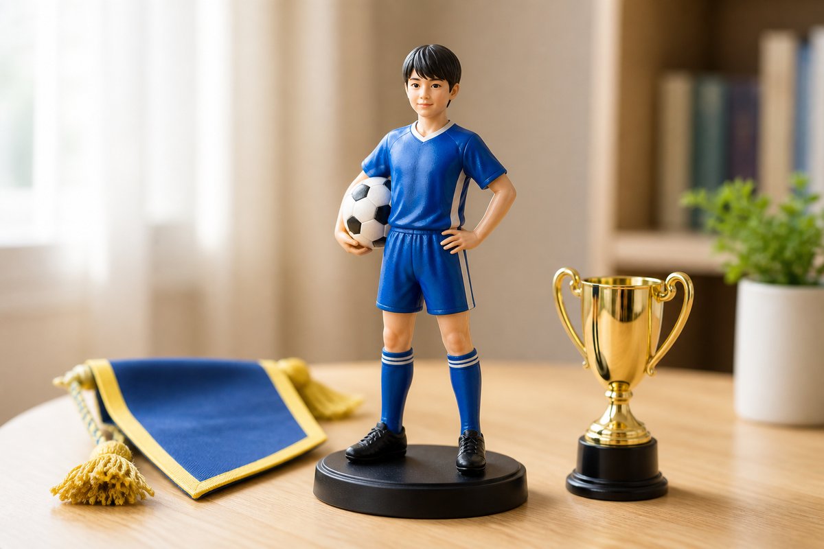 トロフィーとペナントの隣に置かれた少年サッカー選手のフィギュア