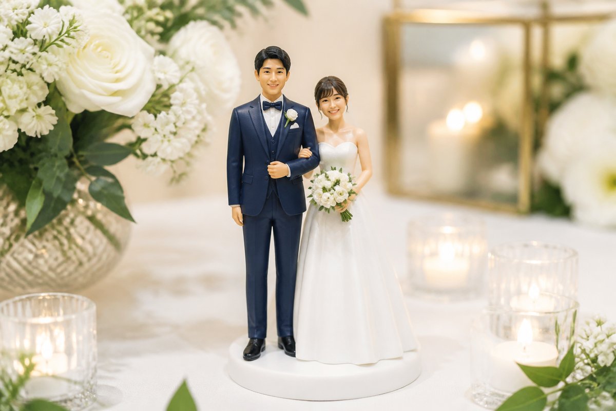 結婚式のウェルカムスペースに置かれた新郎新婦のフィギュア