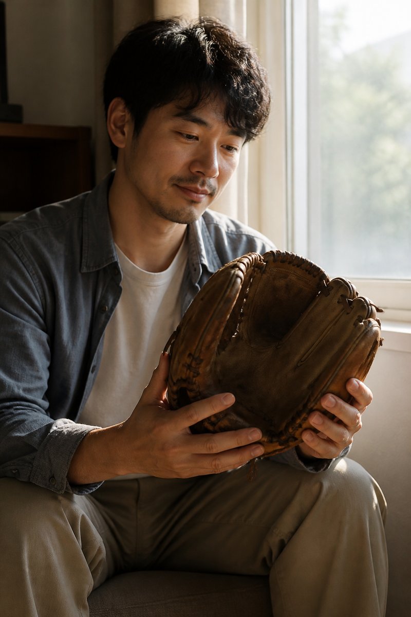 古い野球のグローブを見つめる男性