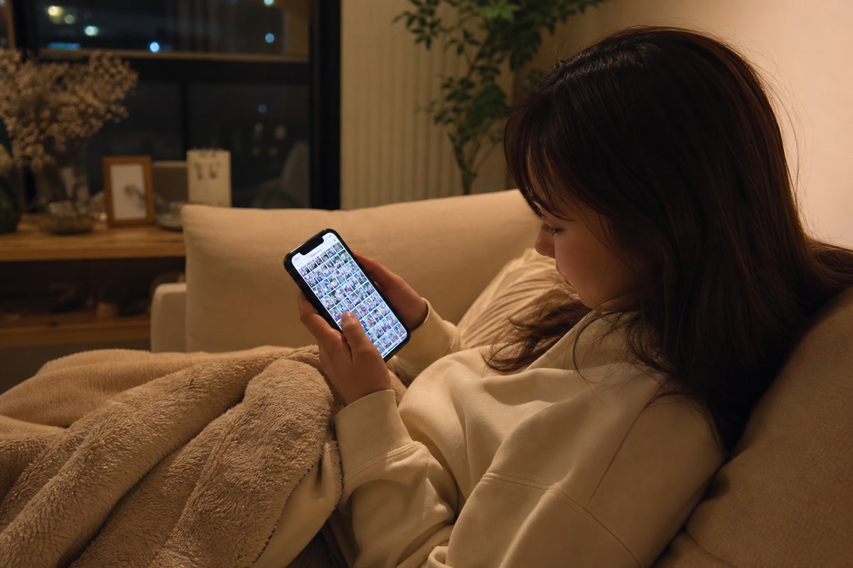 夜のソファでスマホの写真一覧を眺める女性
