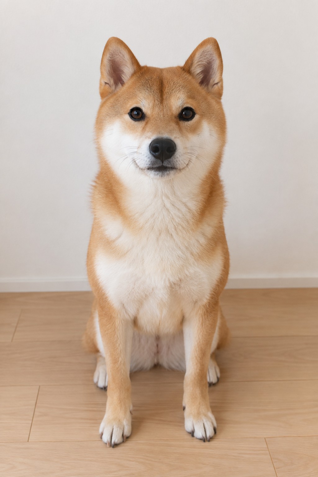 まっすぐ正面を向いて座る柴犬の写真