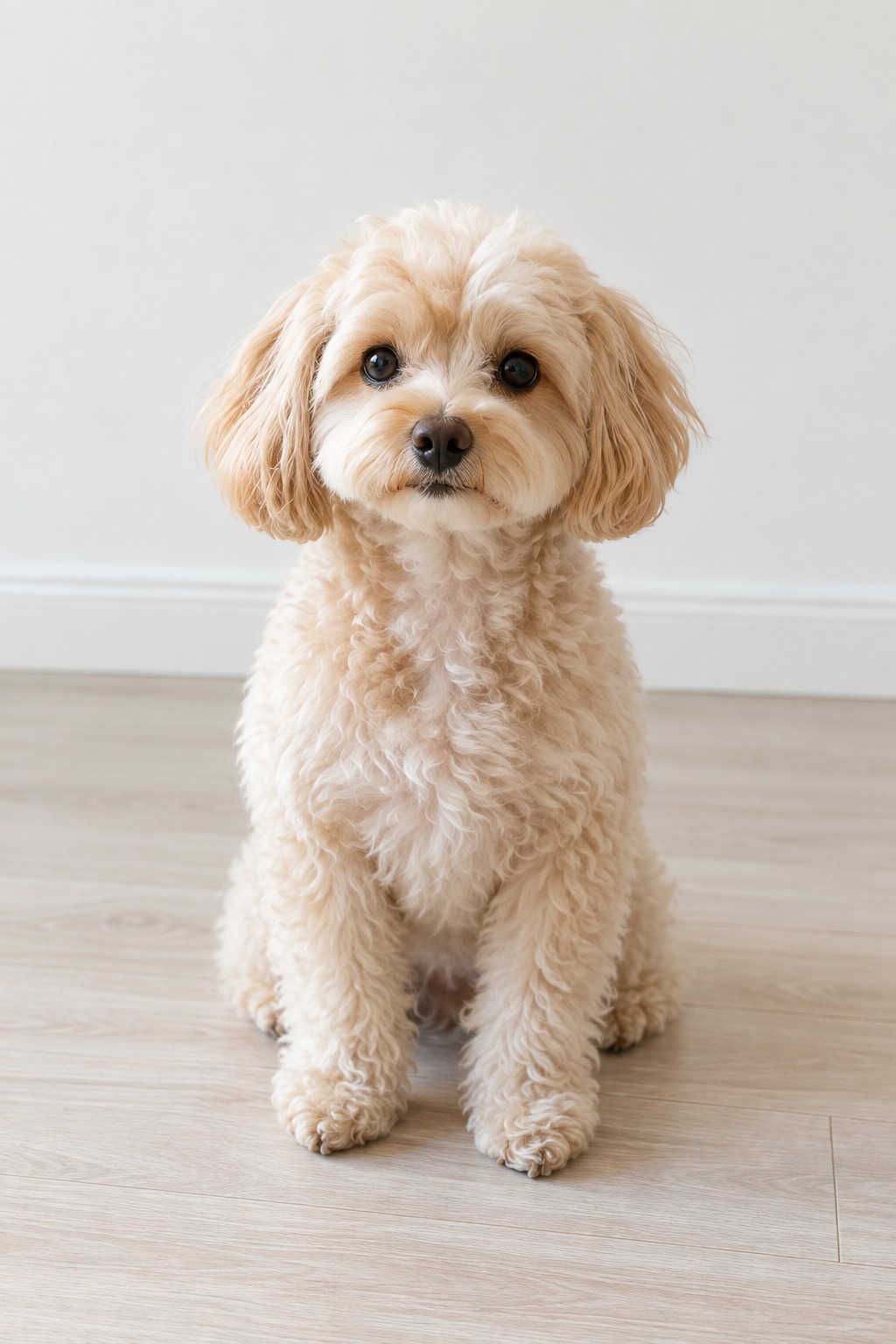 スマホに表示した、正面を向いて座る犬の写真