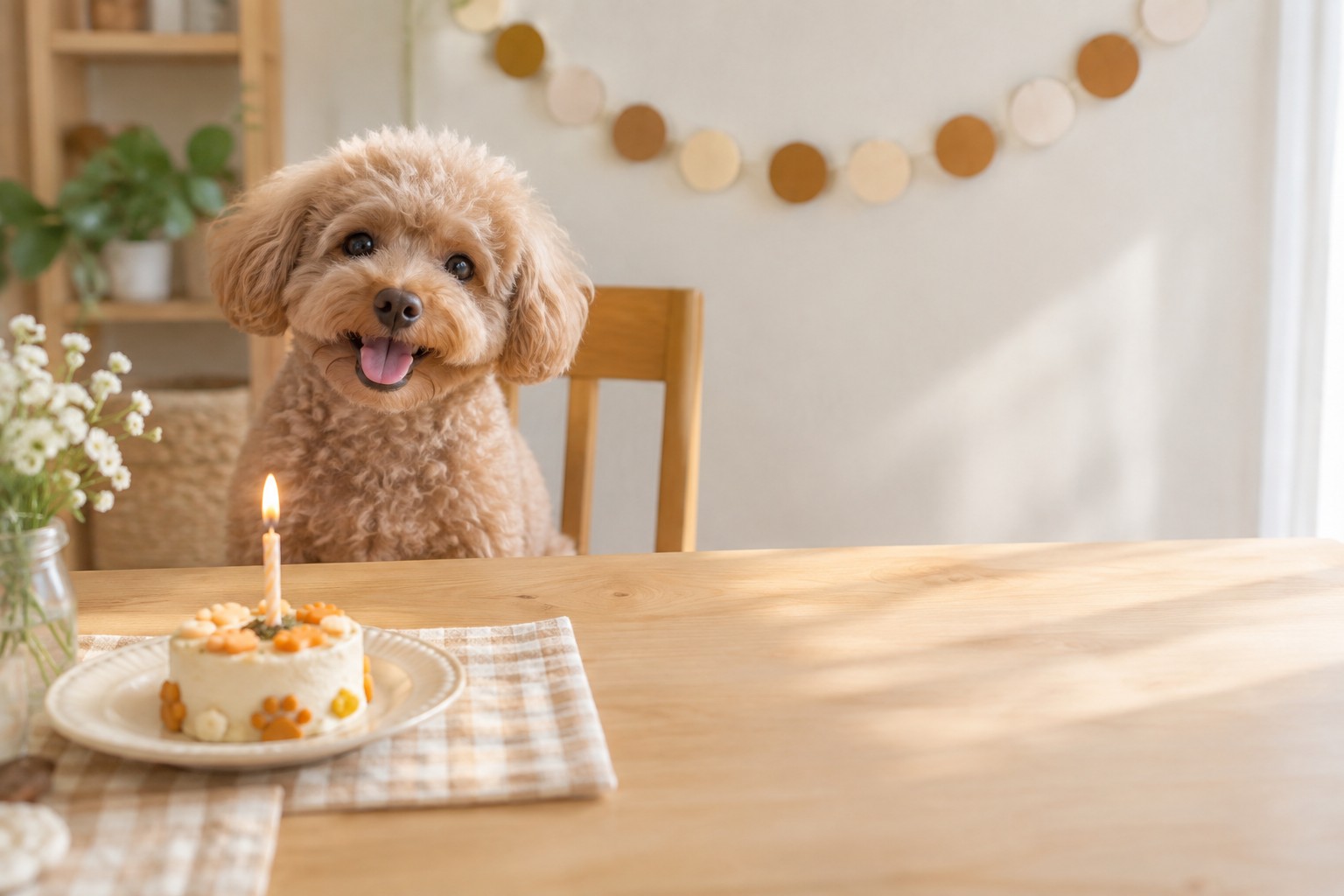 小さなケーキとガーランドを飾った犬の誕生日の食卓