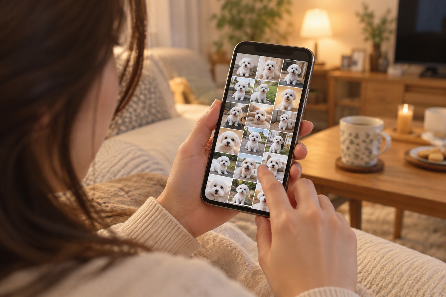 スマホの写真フォルダを見る手元