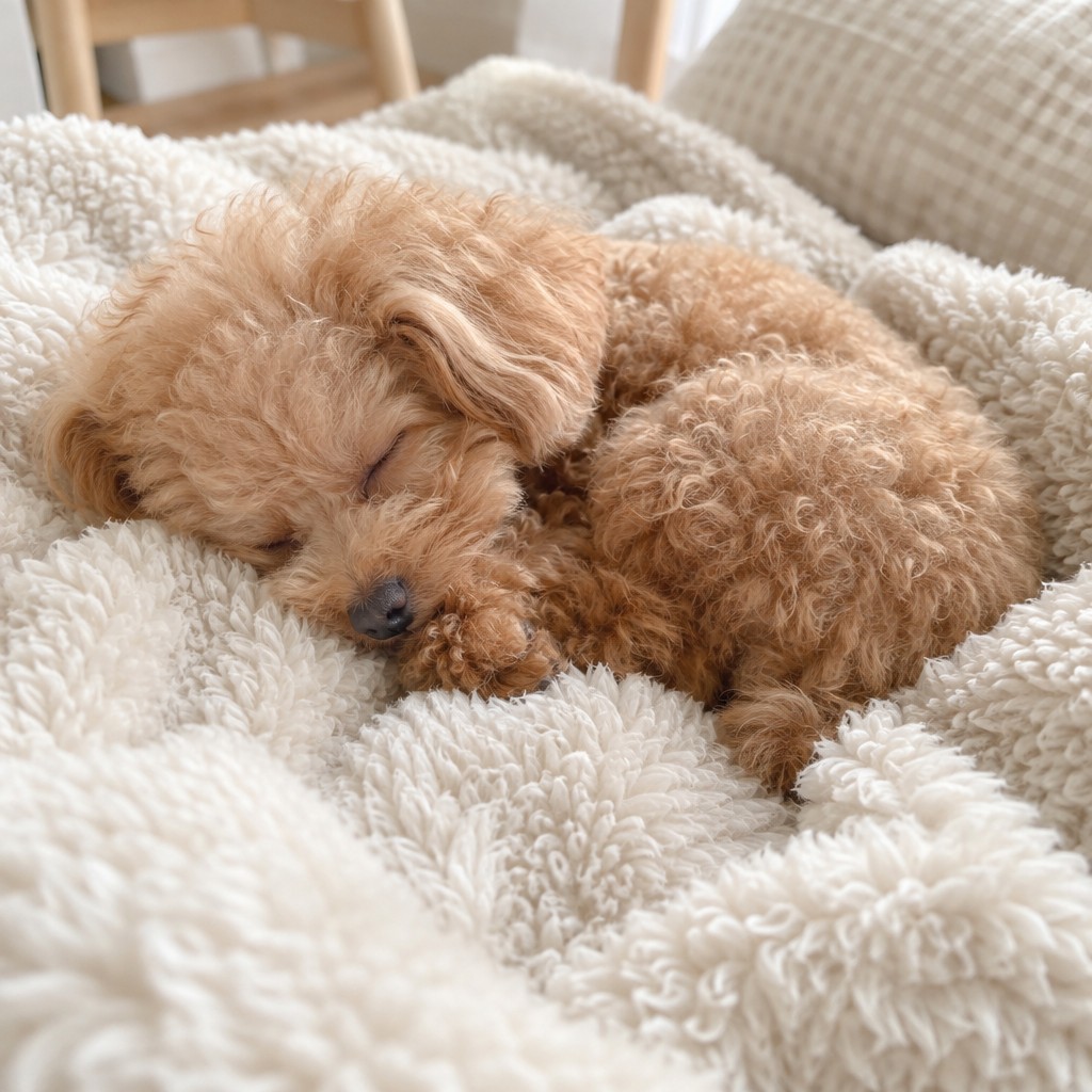 毛布の上で眠るトイプードル