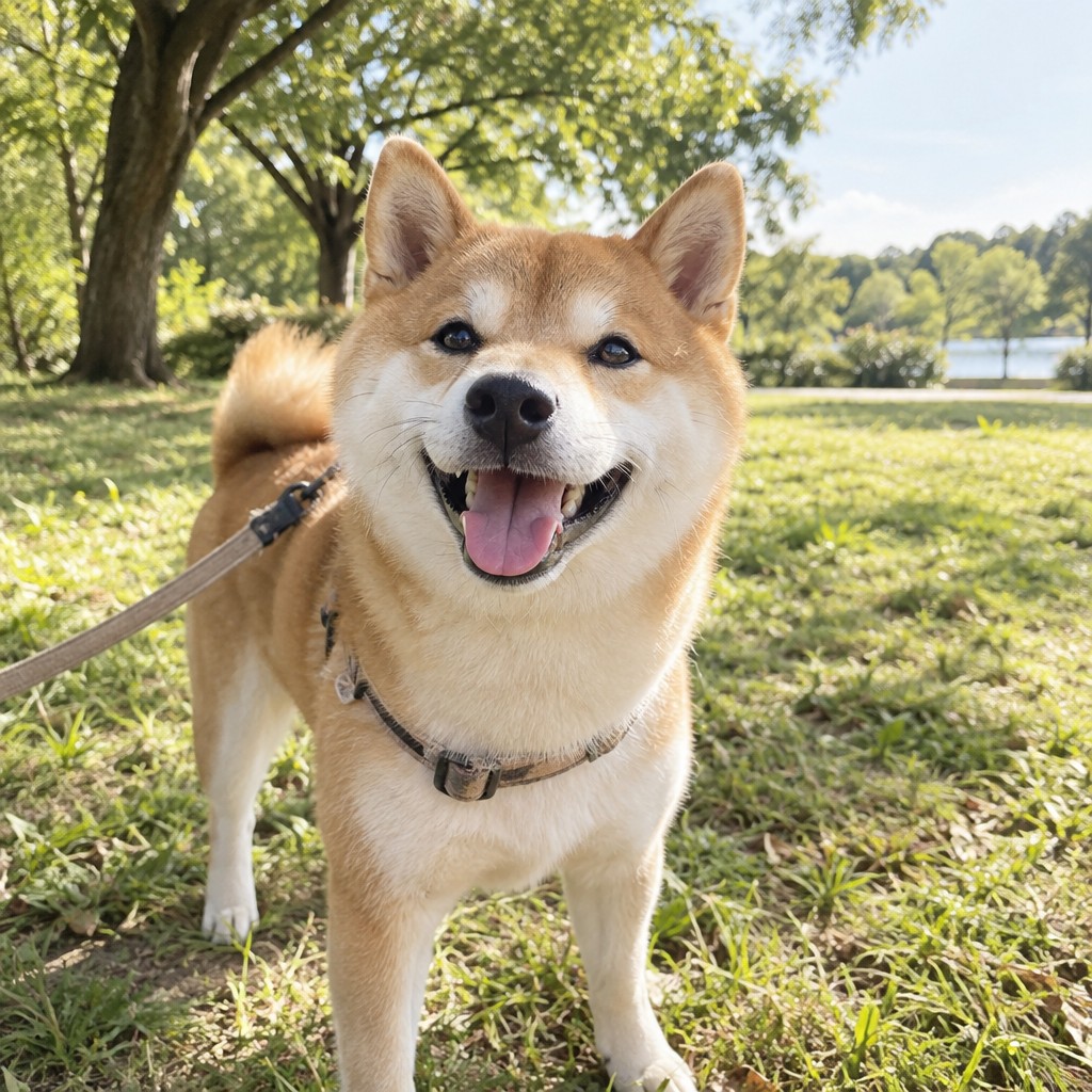公園で笑う柴犬
