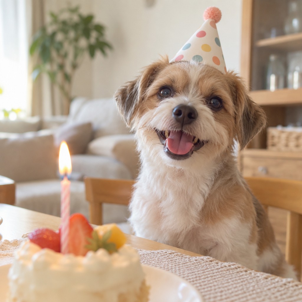 誕生日の帽子をかぶった犬