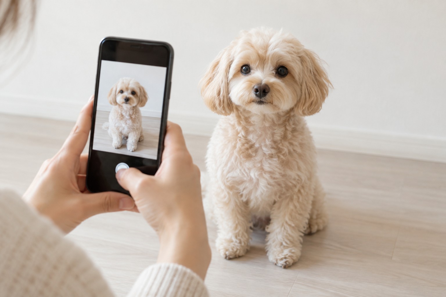 正面を向いた犬をスマホで撮る手もと