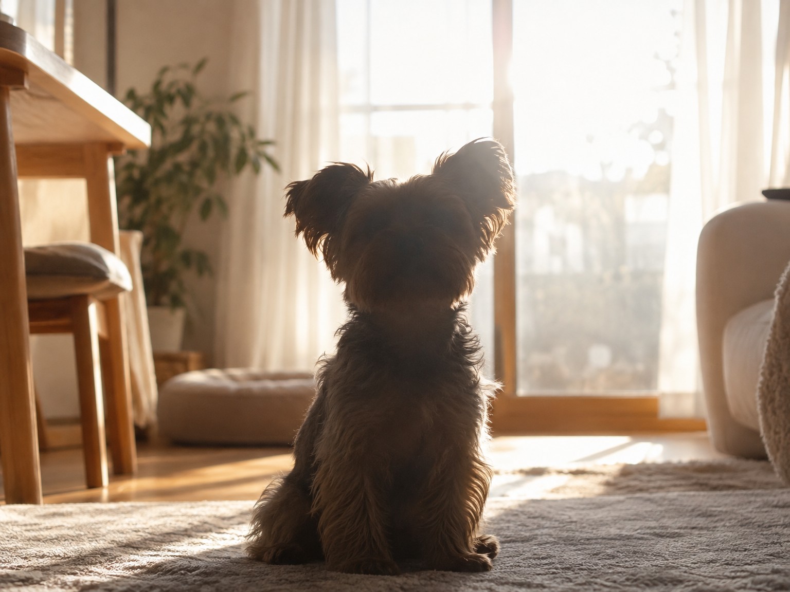 窓を背にして暗く写った犬の写真